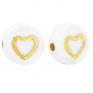 Abalorios letras acr&iacute;licas corazones Blanco-dorado