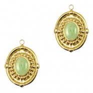 Colgantes Acero Inox ovalado con piedra natural Dorado-verde mel&oacute;n