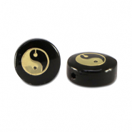 Abalorios de cristal rondeles Yin & Yang Negro-dorado
