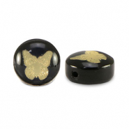 Abalorios de cristal rondeles mariposa Negro-dorado