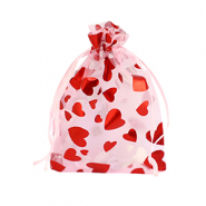 Bolso de organza 9x12cm coraz&oacute;n Rosa claro-rojo