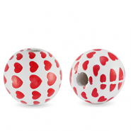 Abalorios de madera redondos 16mm coraz&oacute;n Blanco-rojo
