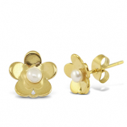 Pendientes Acero Inox perlas flor con anilla Dorado