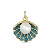 Metal TQ latón colgante concha con perla Dorado-azul turqueza-blanco