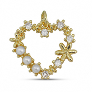 Metal TQ latón colgante zirconia corazón con perla Dorado-blanco