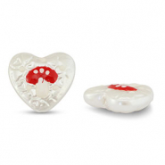 Abalorios acr&iacute;licos coraz&oacute;n con seta Perla-rojo-blanco