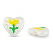 Abalorios acr&iacute;licos coraz&oacute;n con flor Perla-amarillo-verde