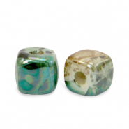 Abalorios de cer&aacute;mica griega DQ cubo 8mm Pavo real verde-beige marr&oacute;n