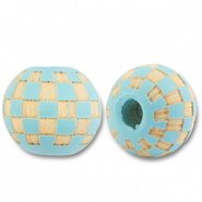 Abalorios de madera redondos10mm con patr&oacute;n Azul claro-natural