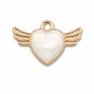 Colgantes met&aacute;licos esmalte coraz&oacute;n con ala Dorado-blanco