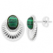 Pendientes Acero Inox &oacute;valo Plateado-verde oscuro-negro
