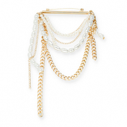 Broches llamativos barra con cadena y perlas Dorado-blanco