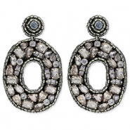 Pendientes trendy con abalorios de vidrio &oacute;valo negro-plateado-azul claro