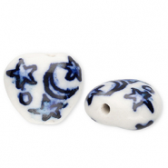Abalorios de cer&aacute;mica coraz&oacute;n con luna y estrellas Blancuzco-azul Delfts
