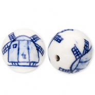 Abalorios de cer&aacute;mica 15mm con molino Blancuzco-azul Delfts
