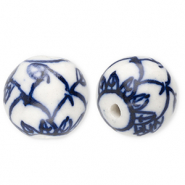 Abalorios de cer&aacute;mica 15mm con hoja Blancuzco-azul Delfts