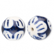 Abalorios de cer&aacute;mica 12mm con flor Blancuzco-azul Delfts