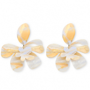 Pendientes trendy en resina flor Blanco marfil-azul carolina claro-naranja claro