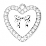 Colgantes met&aacute;licos coraz&oacute;n con perlas y lazo Plateado-blanco