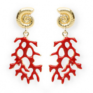 Pendientes trendy esmalte concha & coral con perno de acero inox Dorado-rojo oscuro