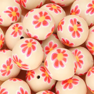 Abalorios de silicona 18mm redondos con flores pintadas a mano Beige nude-rosa néon-naranja