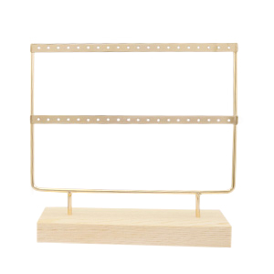 Expositor de Joyer&iacute;a para pendientes con 2 hileras y base de madera Natural-dorado