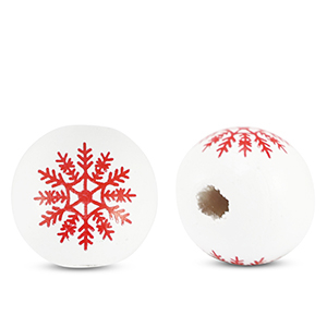 Abalorios de madera redondos 16mm copo de nieve Blanco-rojo
