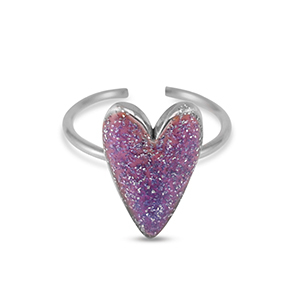 Anillos Acero Inox  esmalte coraz&oacute;n glitter P&uacute;rpura-Plato