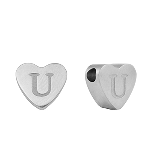 Abalorios Acero Inox coraz&oacute;n letra U Plateado