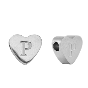 Abalorios Acero Inox coraz&oacute;n letra P Plateado