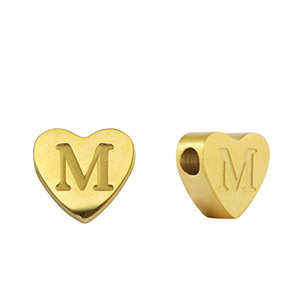Abalorios Acero Inox coraz&oacute;n letra M Dorado
