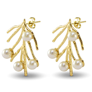 Pendientes Acero Inox algas marinas Imitaci&oacute;n de perlas Dorado