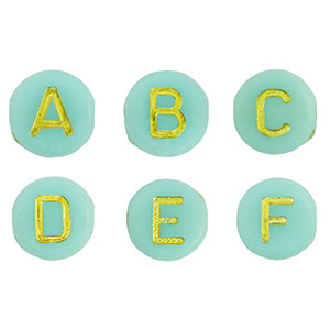 Abalorios letras acr&iacute;licas mix Verde turqueza-oro