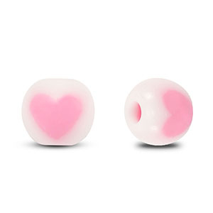 Abalorios acr&iacute;licos redondo coraz&oacute;n Blanco-Rosa