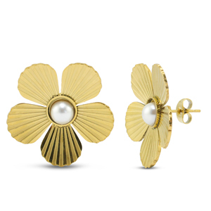 Pendientes Acero Inox flor con imitaci&oacute;n de perlas Dorado