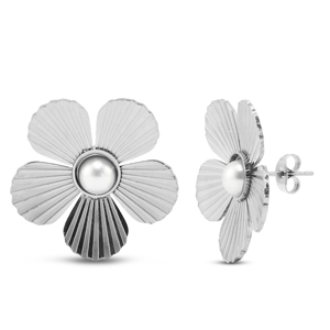 Pendientes Acero Inox flor con imitaci&oacute;n de perlas Plateado