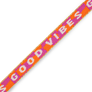 Cinta con texto "Good vibes" P&uacute;rpura-naranja-blanco-dorado