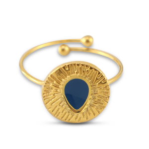 Anillos Acero Inox esmalte redondos con gota Dorado-azul cer&uacute;leo