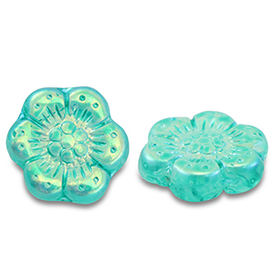 Abalorios Checos boho flower 14mm Transparente turquesa verde-cubierta AB