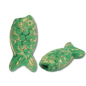 Abalorios de cer&aacute;mica griega DQ pez Verde-dorado