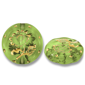 Abalorios acr&iacute;licos redondos con flor Verde oliva-dorado