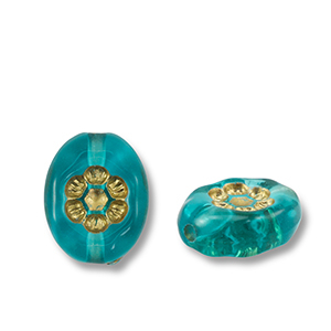 Abalorios acr&iacute;licos &oacute;valo con flor Azul verdoso-dorado