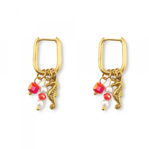 Pendientes Acero Inox caballito de mar Dorado-rojo-blanco