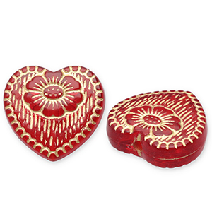 Abalorios acr&iacute;licos coraz&oacute;n con flor Rojo-dorado