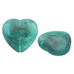 Abalorios acr&iacute;licos coraz&oacute;n Verde teal-blanco