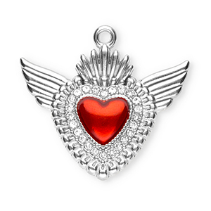 Colgantes Acero Inox sagrado coraz&oacute;n con ala Plateado-rojo-cristal