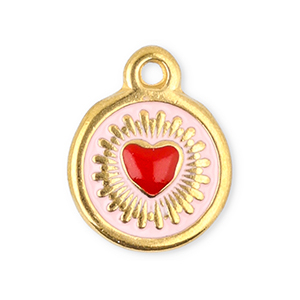Colgantes Acero Inox redondos con coraz&oacute;n Dorado-rojo-rosa claro