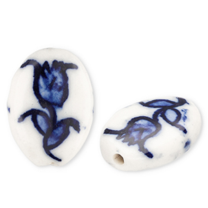 Abalorios de cer&aacute;mica &oacute;valo con tulip&aacute;n Blancuzco-azul Delfts