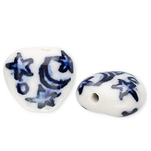 Abalorios de cer&aacute;mica coraz&oacute;n con luna y estrellas Blancuzco-azul Delfts