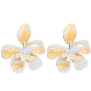 Pendientes trendy en resina flor Blanco marfil-azul carolina claro-naranja claro